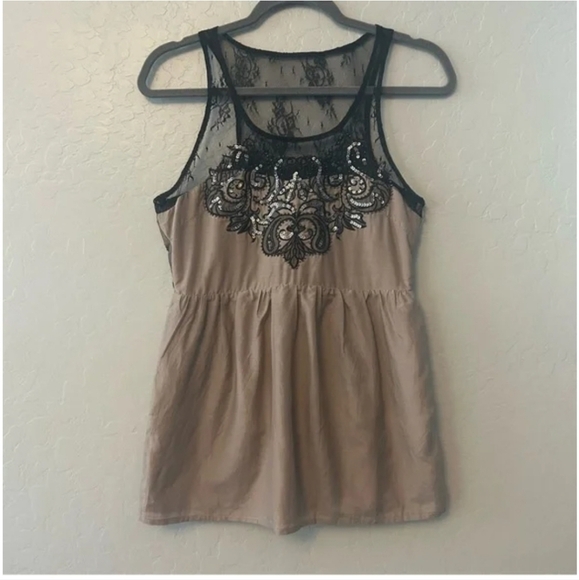 Miss Me Sequined Lace Peplum Silk Blend Sz. L Baby Doll Tank Blouse Camisole Top - Picture 1 of 11